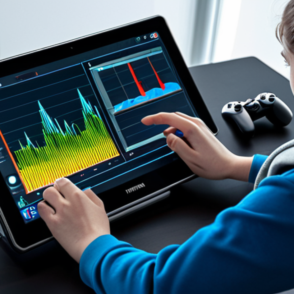 A focused young adult, fully clothed in a professional yet comfortable hoodie, sits at a sleek desk, intently interacting with a modern gaming tablet. The tablet screen displays a detailed game settings interface with clear sliders and graphs, suggesting performance optimization. Subtle, vibrant digital elements like smooth flowing lines of light emanate from the screen, indicating improved gameplay. The background is a clean, minimalist gaming setup with soft ambient lighting. Professional digital photography, realistic, high detail, fully clothed, modest clothing, appropriate attire, safe for work, perfect anatomy, correct proportions, natural pose, well-formed hands, proper finger count, natural body proportions, professional, family-friendly, high quality.