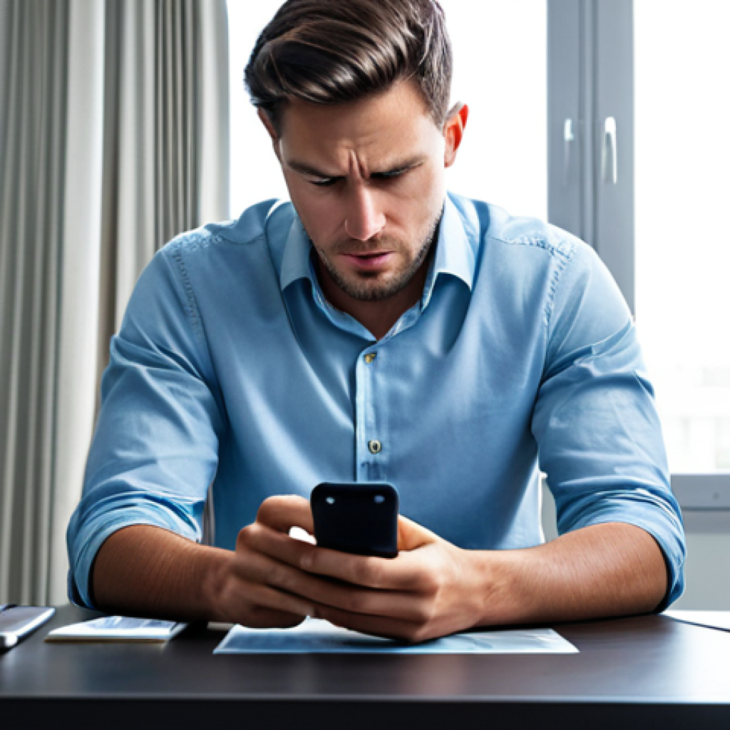A professional individual, fully clothed in a modest button-down shirt and smart trousers, sitting at a clean desk in a modern home office. They are holding a smartphone, looking frustrated at its screen which displays a frozen or lagging mobile game. The phone screen subtly hints at performance issues. The pose is natural and expresses mild frustration, with perfect anatomy, correct proportions, well-formed hands, and proper finger count. The lighting is soft and professional. This image is safe for work, appropriate content, family-friendly, and depicts a natural body proportion. High quality, professional photography.
