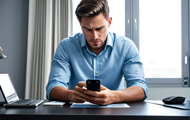 A professional individual, fully clothed in a modest button-down shirt and smart trousers, sitting at a clean desk in a modern home office. They are holding a smartphone, looking frustrated at its screen which displays a frozen or lagging mobile game. The phone screen subtly hints at performance issues. The pose is natural and expresses mild frustration, with perfect anatomy, correct proportions, well-formed hands, and proper finger count. The lighting is soft and professional. This image is safe for work, appropriate content, family-friendly, and depicts a natural body proportion. High quality, professional photography.