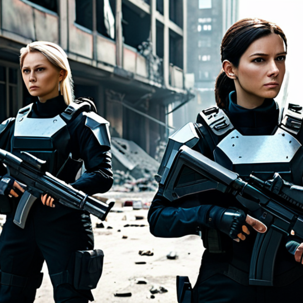 A team of three professional female operatives in modest, futuristic combat suits, fully clothed, professional dress. They are positioned strategically behind partially destroyed futuristic urban debris, observing their surroundings. One operative is looking at a holographic map projection, another is holding a stylized, non-aggressive futuristic rifle in a ready but calm stance, and the third is providing tactical support. The setting is a dimly lit, post-apocalyptic cityscape with advanced but damaged buildings in the background. Perfect anatomy, correct proportions, natural pose, well-formed hands, proper finger count, detailed professional photography, cinematic lighting, high resolution, safe for work, appropriate content, fully clothed, professional.