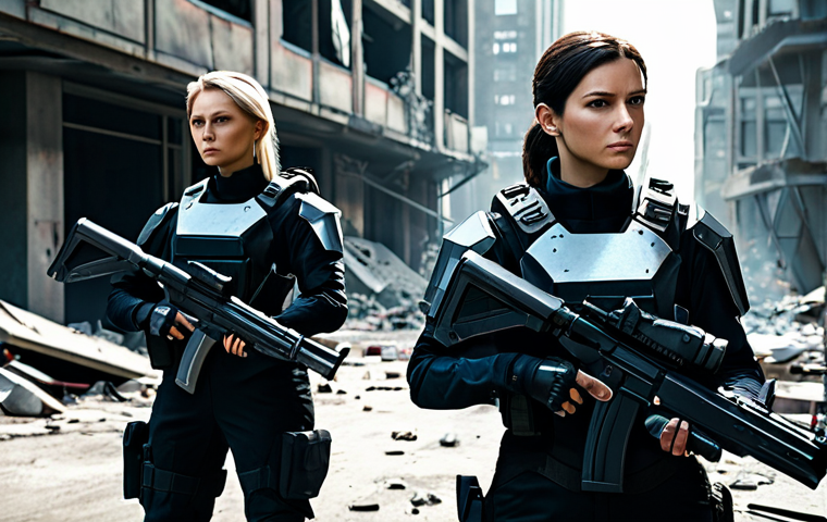 A team of three professional female operatives in modest, futuristic combat suits, fully clothed, professional dress. They are positioned strategically behind partially destroyed futuristic urban debris, observing their surroundings. One operative is looking at a holographic map projection, another is holding a stylized, non-aggressive futuristic rifle in a ready but calm stance, and the third is providing tactical support. The setting is a dimly lit, post-apocalyptic cityscape with advanced but damaged buildings in the background. Perfect anatomy, correct proportions, natural pose, well-formed hands, proper finger count, detailed professional photography, cinematic lighting, high resolution, safe for work, appropriate content, fully clothed, professional.