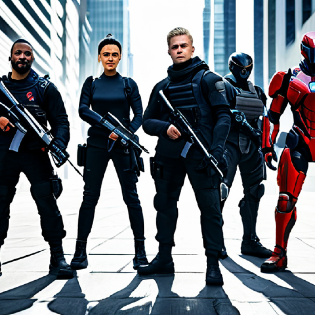 ** A well-balanced Nikke squad, featuring a diverse range of roles (Attacker, Defender, Support) in modest attire. The squad stands ready for battle in a futuristic, urban environment. Perfect anatomy, correct proportions, appropriate content, safe for work, family-friendly.

**
