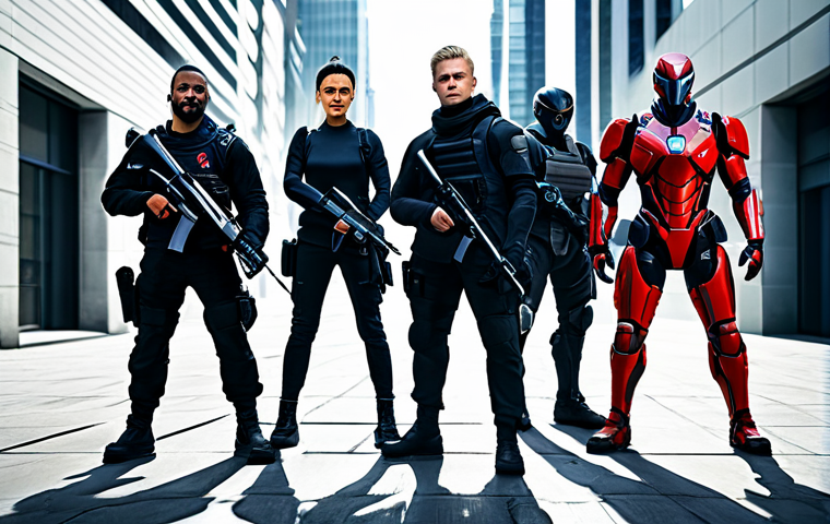 ** A well-balanced Nikke squad, featuring a diverse range of roles (Attacker, Defender, Support) in modest attire. The squad stands ready for battle in a futuristic, urban environment. Perfect anatomy, correct proportions, appropriate content, safe for work, family-friendly.
**