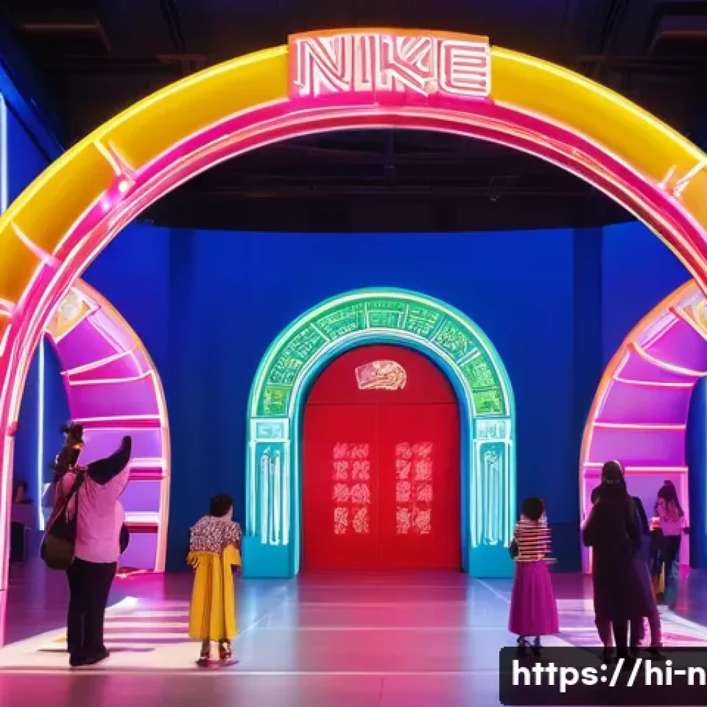 승리의여신 니케 팬 굿즈 전시 - **Prompt:** A vibrant and futuristic exhibition hall entrance for "Nikke: Goddess of Victory." Tower...