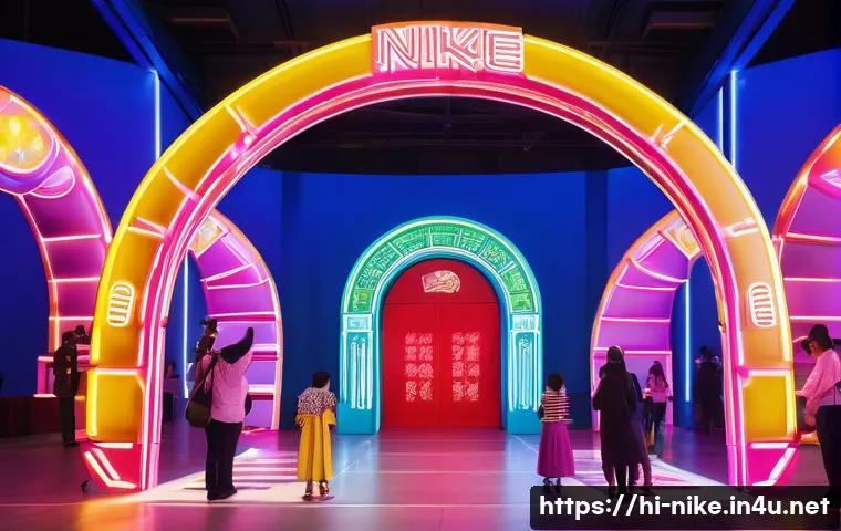 승리의여신 니케 팬 굿즈 전시 - **Prompt:** A vibrant and futuristic exhibition hall entrance for "Nikke: Goddess of Victory." Tower...