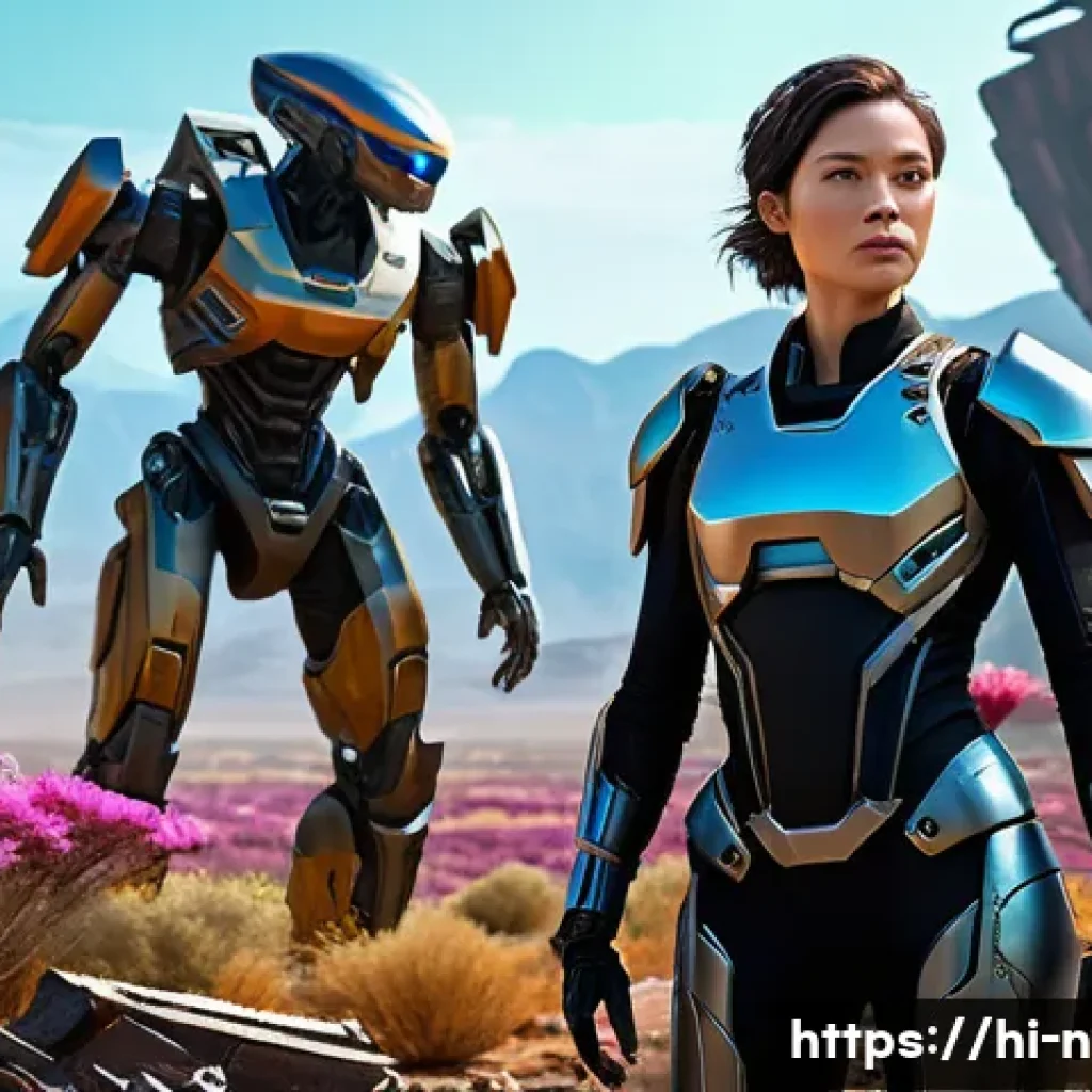 승리의여신 니케 새로운 맵 리뷰 - **Prompt:** "A confident female Nikke character, dressed in futuristic tactical gear, stands triumph...