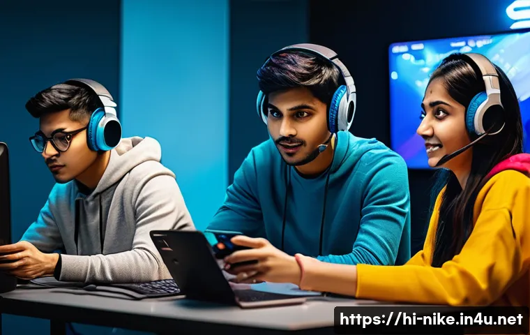승리의여신 니케 팀워크 향상 전략 - A vibrant team of diverse young Indian gamers, wearing casual esports jerseys and headsets, engaged ...