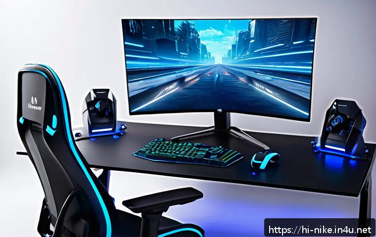 승리의여신 니케 신규 장비 세트 소개 - A sleek, modern gaming equipment set designed for competitive players, featuring ergonomic lightweig...