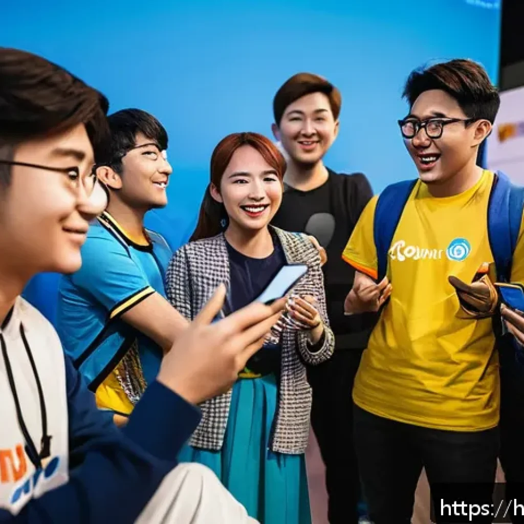 승리의여신 니케 온라인 팬미팅 후기 - A vibrant fan meeting scene set indoors with a diverse group of enthusiastic gamers from different c...