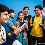 승리의여신 니케 온라인 팬미팅 후기 - A vibrant fan meeting scene set indoors with a diverse group of enthusiastic gamers from different c...
