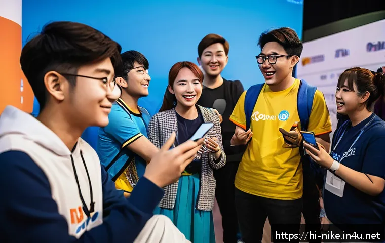 승리의여신 니케 온라인 팬미팅 후기 - A vibrant fan meeting scene set indoors with a diverse group of enthusiastic gamers from different c...