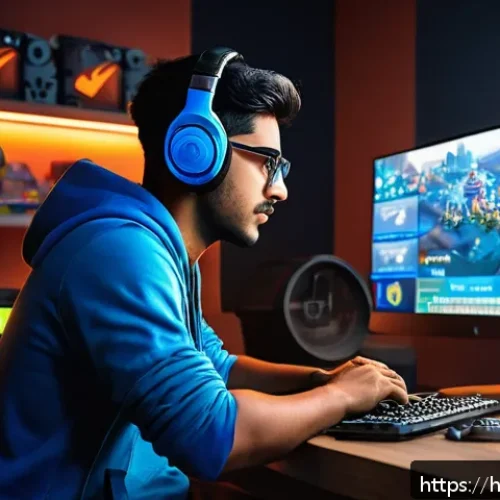 승리의여신 니케 무과금 플레이 방법 - A detailed, vibrant gaming scene showing a young Indian male gamer strategizing on his computer, sur...