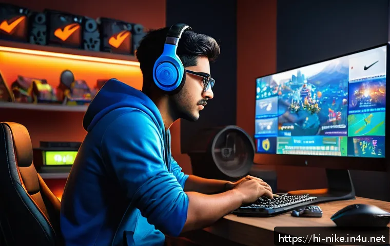 승리의여신 니케 무과금 플레이 방법 - A detailed, vibrant gaming scene showing a young Indian male gamer strategizing on his computer, sur...