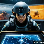 승리의여신 니케 전투 전략 심화 - Photorealistic cinematic battle command center, a fully clothed futuristic female squad leader in re...